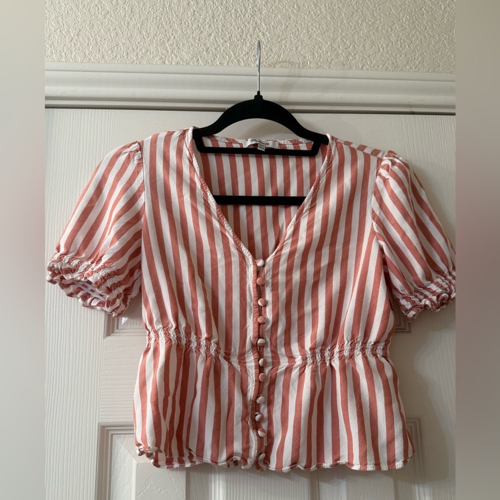 Madewell Pink and White Striped Button-Front Puff Sleeve Top